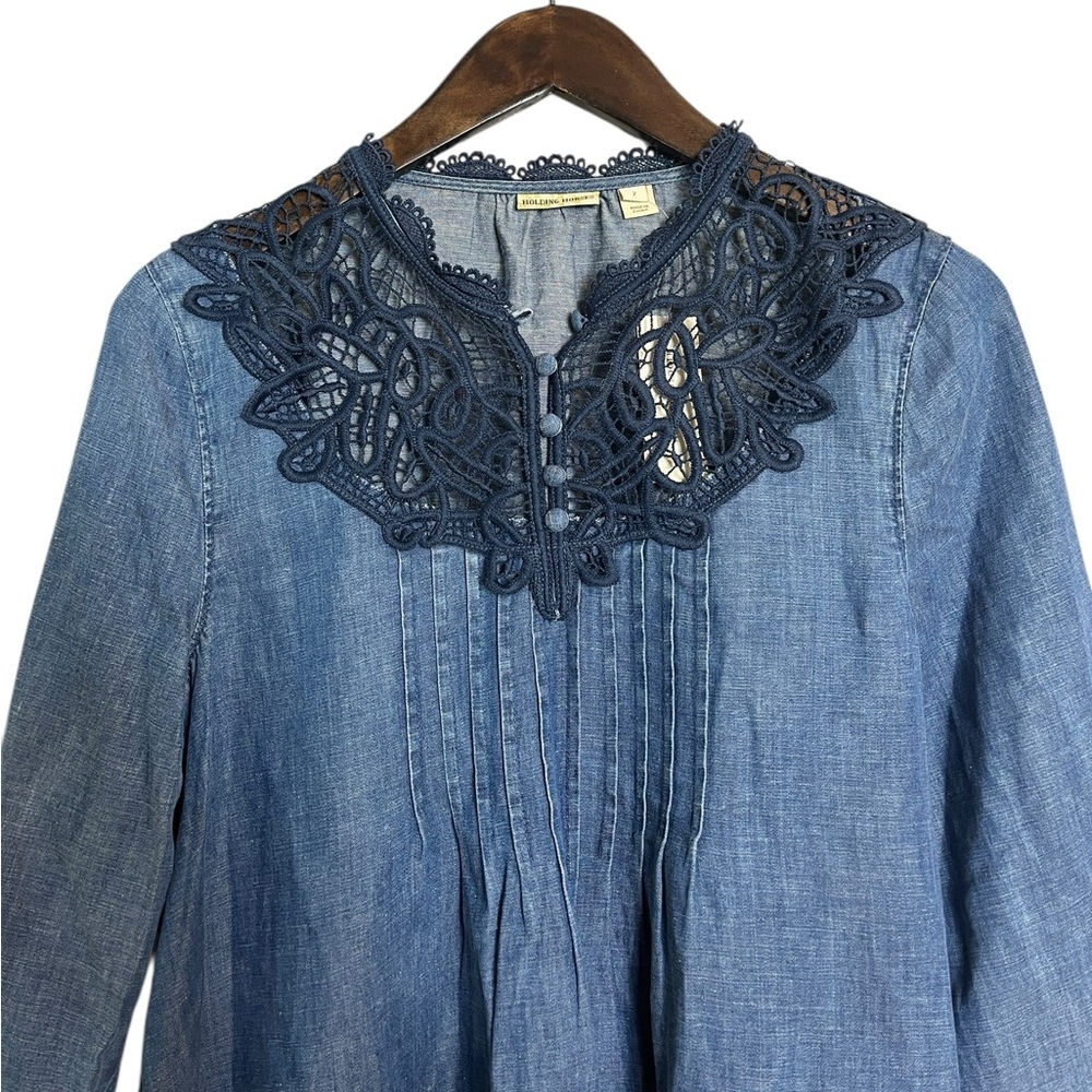 Anthropologie Holding Horses Top  Perra Popover Pleated Chambray size 2 - Picture 3 of 9